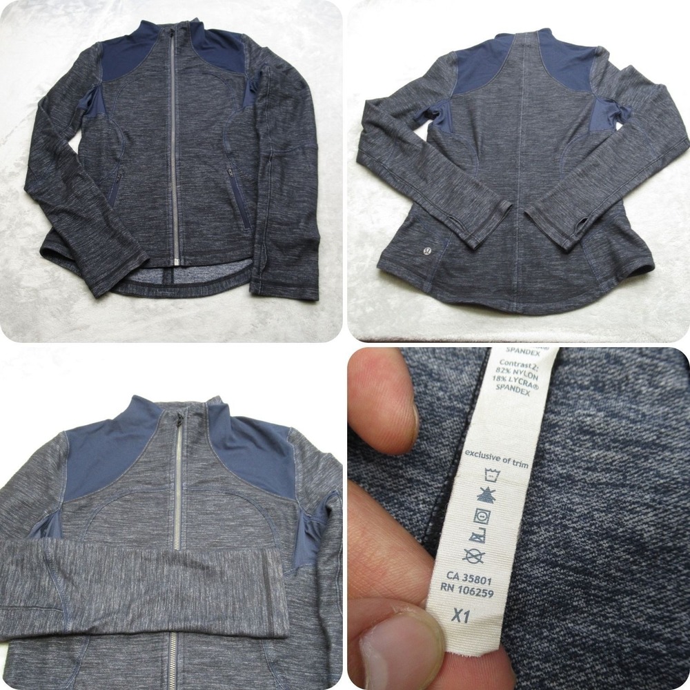 Lululemon Forme Jacket Women 10 Navy Gray Pockets Thumbholes Full Zip Active